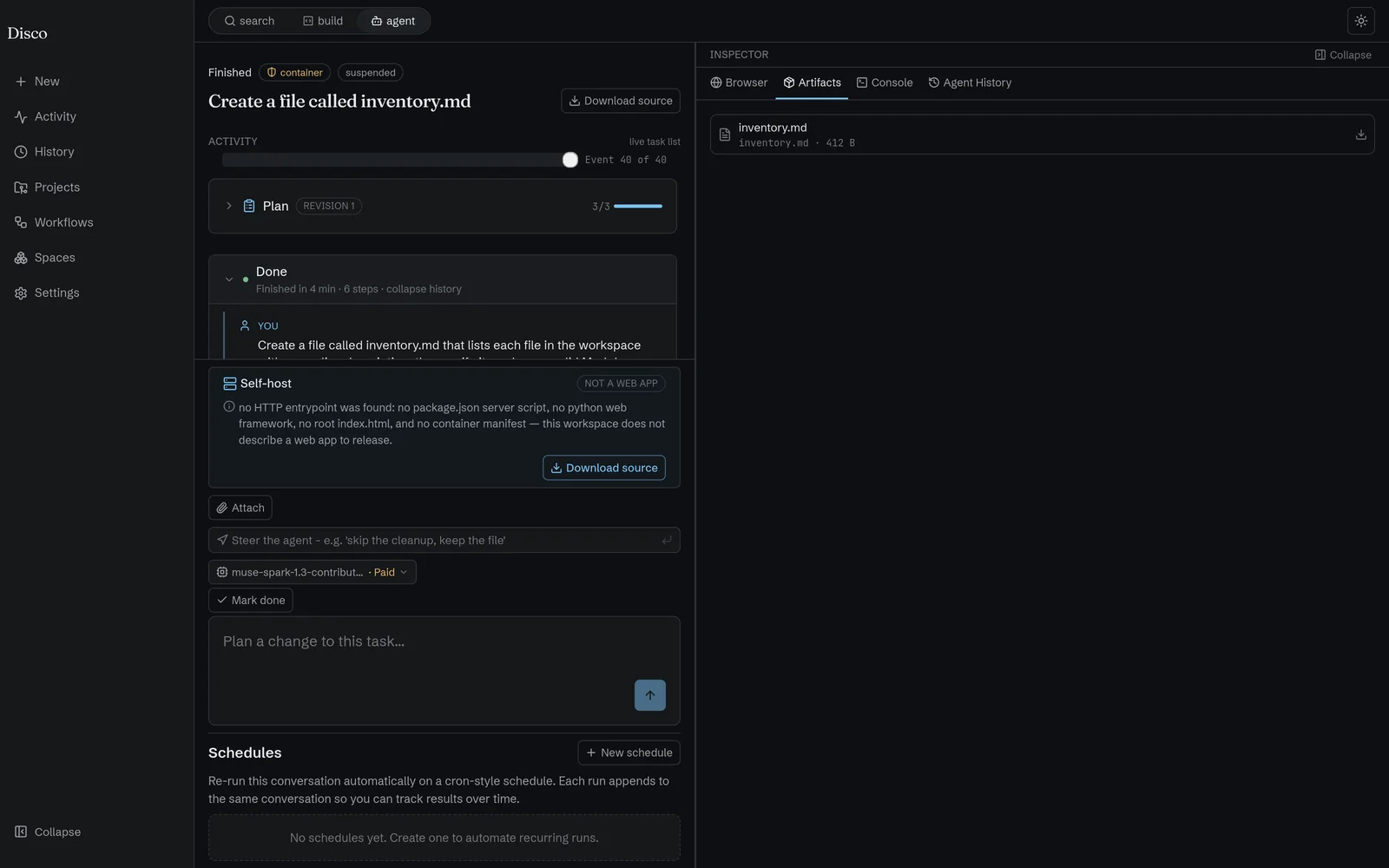 Disco agent surface: a finished file task with the created artifact in the inspector