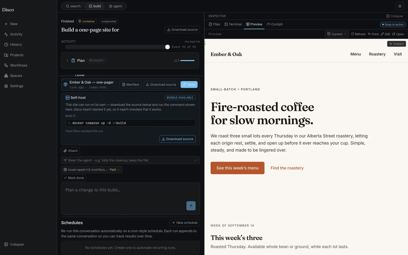 Disco build surface: a finished one-page site build with the live preview open in the inspector