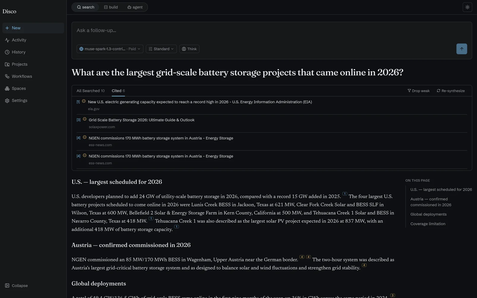 Disco search surface: a cited, grounded answer about 2026 grid-scale battery storage, with the Cited sources tab open