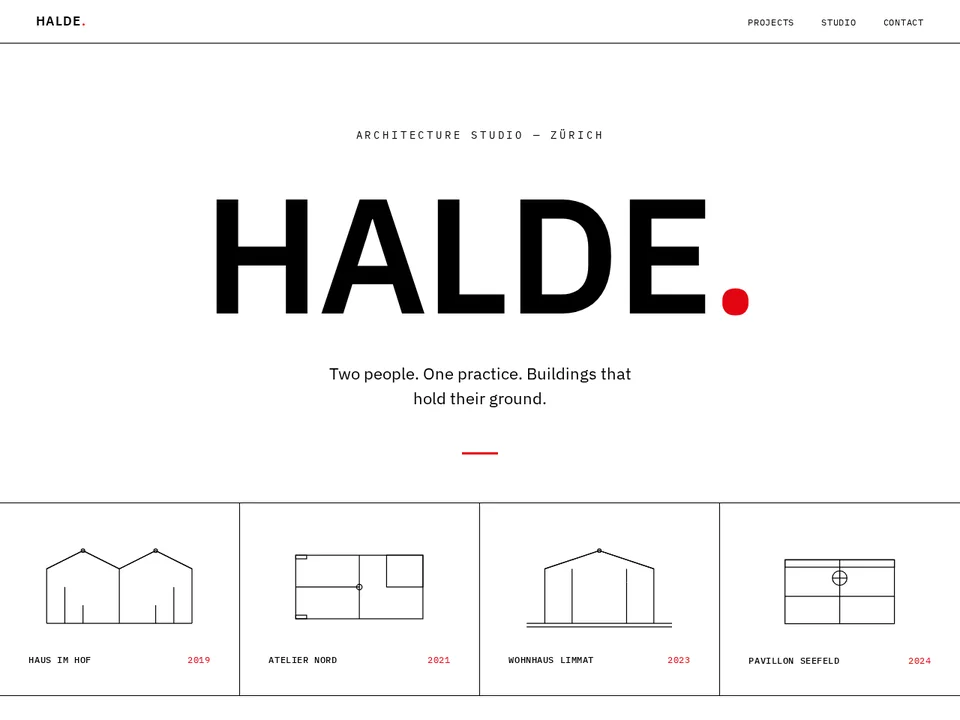 Halde architecture studio site: large black headline with a red accent word over a strict grid