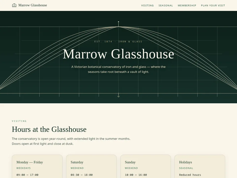 Marrow Glasshouse site: airy cream page with a deep-green serif headline and an illustrated palm house
