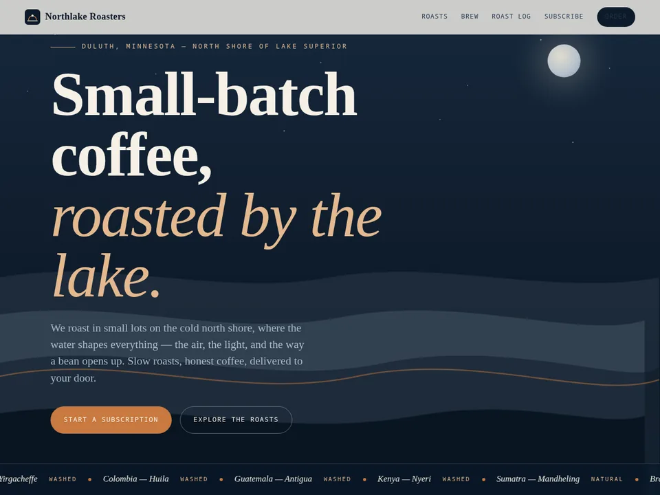 Northlake Roasters site: warm cream page with an illustrated coffee cup and a three-bean lineup
