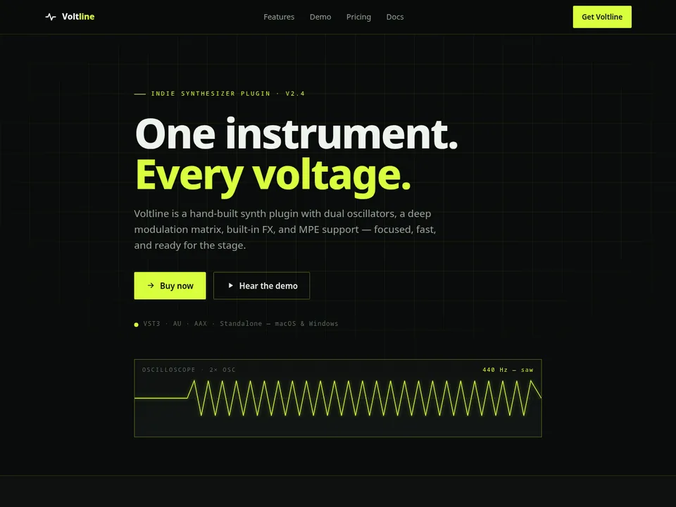 Voltline synth plugin site: dark page with a neon-yellow headline and an oscilloscope waveform