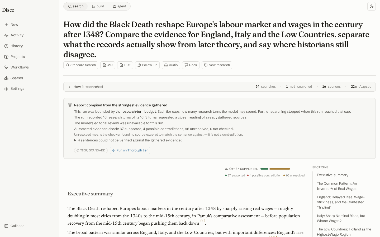Disco Deep Research report on how the Black Death reshaped European labour markets, with evidence checks and cited sources