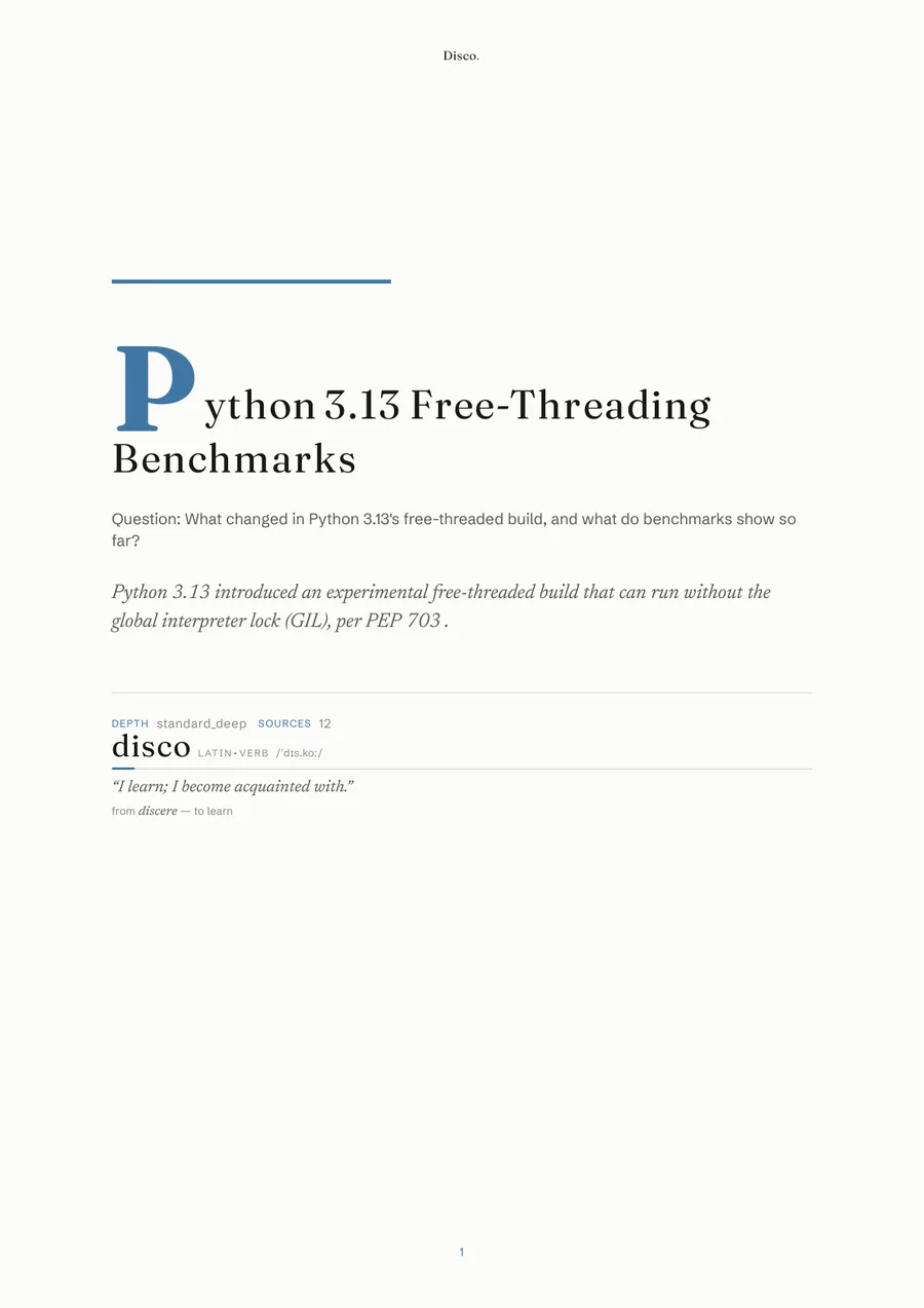Cover page of the exported PDF report: a large drop-cap title, Python 3.13 Free-Threading Benchmarks, over the dictionary mark